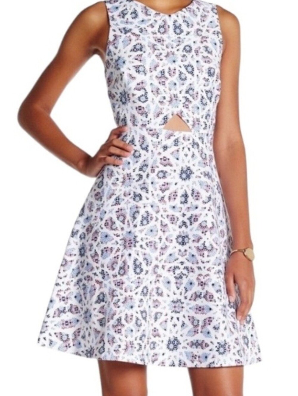 CeCe White,Blue, Red Mosaic Print Sleeveless Dress, Triangle Waist Cut-out, Sz:4